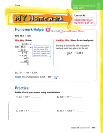 Homework Helper Lesson 14 Divide Decimals by Powers of Ten
