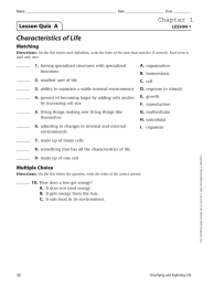 Characteristics of Life Chapter 1 Lesson Quiz  A Matching