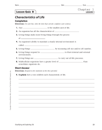 Characteristics of Life Chapter 1 Lesson Quiz  B Completion