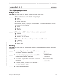 Classifying Organisms Lesson Quiz  A Multiple Choice LESSON 2