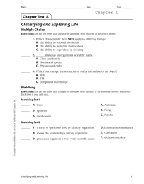 Classifying and Exploring Life Chapter 1 Chapter Test  A Multiple Choice