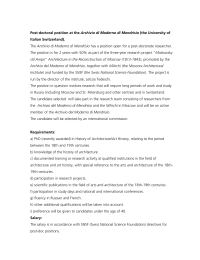Post-doctoral position at the Archivio di Moderno di Mendrisio (the