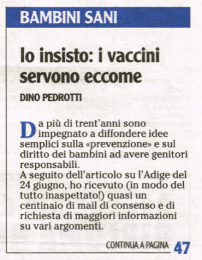 Adige del 2 luglio Dino Pedrotti - associazione vaccinare informati