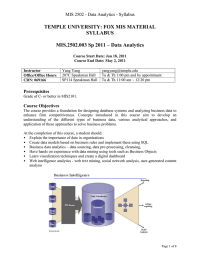 TEMPLE UNIVERSITY: FOX MIS MATERIAL SYLLABUS  MIS.2502.003 Sp 2011 – Data Analytics