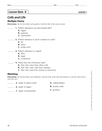 Cells and Life Lesson Quiz  A Multiple Choice LESSON 1