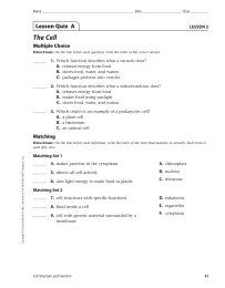 The Cell Lesson Quiz  A Multiple Choice LESSON 2