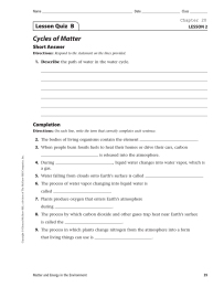 Cycles of Matter Lesson Quiz  B Short Answer Completion