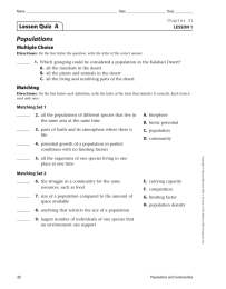 Populations Lesson Quiz  A Multiple Choice LESSON 1