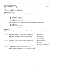 Changing Populations Lesson Quiz  A Multiple Choice LESSON 2