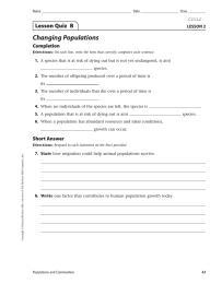 Changing Populations Lesson Quiz  B Completion LESSON 2