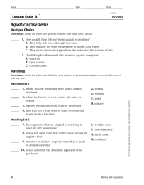 Aquatic Ecosystems Lesson Quiz  A Multiple Choice LESSON 2