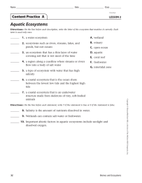 Aquatic Ecosystems Content Practice  A LESSON 2 1.