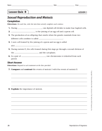 Sexual Reproduction and Meiosis Lesson Quiz  B Completion LESSON 1