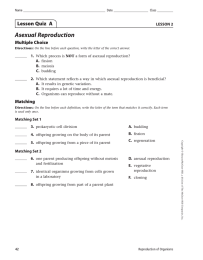 Asexual Reproduction Lesson Quiz  A Multiple Choice LESSON 2