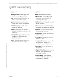 Quick Vocabulary Lesson 1 Lesson 2 dominant trait