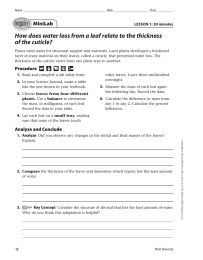 How does water loss from a leaf relate to the... of the cuticle? MiniLab LESSON 1: 30 minutes