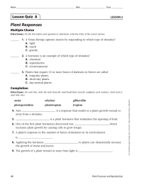 Plant Responses Lesson Quiz  A Multiple Choice LESSON 2