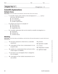 Scientific Explanations Chapter 0 Chapter Test  A Multiple Choice