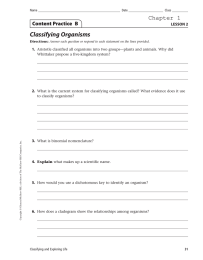 Classifying Organisms Chapter 1 Content Practice  B LESSON 2