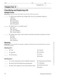Classifying and Exploring Life Chapter 1 Chapter Test  B Multiple Choice