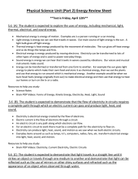 Physical Science Unit (Part 2) Energy Review Sheet