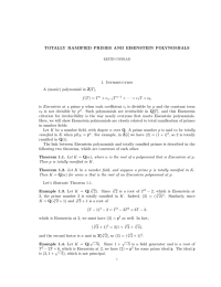 TOTALLY RAMIFIED PRIMES AND EISENSTEIN POLYNOMIALS 1. Introduction