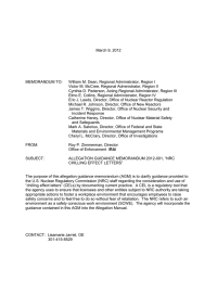 March 9, 2012 MEMORANDUM TO: William M. Dean, Regional Administrator, Region I