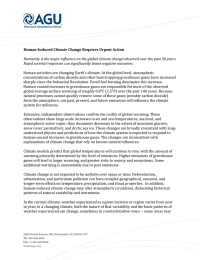 Human‐Induced	Climate	Change	Requires	Urgent	Action  Humanity	is	the	major	influence	on	the	global	climate	change	observed	over	the	past	50	years. Rapid	societal	responses	can	significantly	lessen	negative	outcomes.