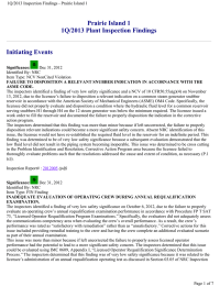 Prairie Island 1 1Q/2013 Plant Inspection Findings Initiating Events