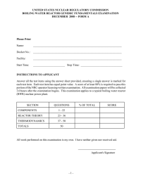 UNITED STATES NUCLEAR REGULATORY COMMISSION BOILING WATER REACTOR GENERIC FUNDAMENTALS EXAMINATION