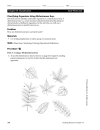 Classifying Organisms Using Dichotomous Keys Chapter 18 Classification Real-World Lab