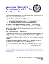 ESA Topics:  Claiming the Exemption under MCL 211.9m And MCL 211.9n