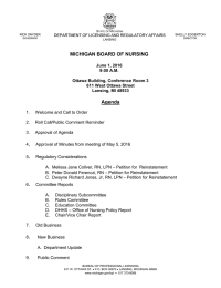 MICHIGAN BOARD OF NURSING Agenda