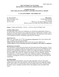 GMGT 2060 (A01) THE UNIVERSITY OF MANITOBA DEPARTMENT OF BUSINESS ADMINISTRATION