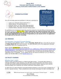 March 2012 Colorado Adult Educator Certificate Literacy Instruction Authorization (LIA) Update