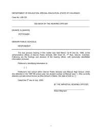 DEPARTMENT OF EDUCATION, SPECIAL EDUCATION, STATE OF COLORADO  Case No. L98:120 ____________________________________________________________________________