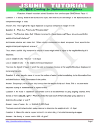 Floatation: Class-9 important solved Questions from previous year CBSE Board Paper... Question: 1.  If a body floats on the surface of...