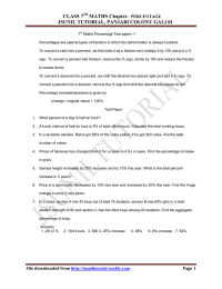 CLASS 7 MATHS Chapter. JSUNIL TUTORIAL, PANJABI COLONY GALI 01 PERCENTAGE