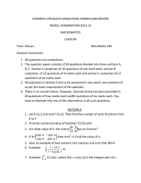 KENDRIYA VIDYALAYA SANGATHAN, ERNAKULAM REGION MODEL EXAMINATION 2012-13 MATHEMATICS CLASS:XII