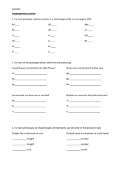 Genetics 1. For each genotype, indicate whether it is heterozygous (HE)... AA ____ GG ____