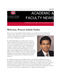 ACADEMIC &amp; FACULTY NEWS Welcome, Provost Ashish Vaidya