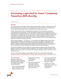 Germany expected to enact Company Taxation Bill shortly European Tax Newsalert