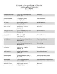 University of Vermont College of Medicine Residency Appointment List Class of 2015