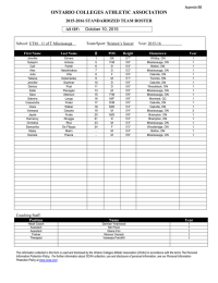 ONTARIO COLLEGES ATHLETIC ASSOCIATION # 2015-2016 STANDARDIZED TEAM ROSTER AS OF: