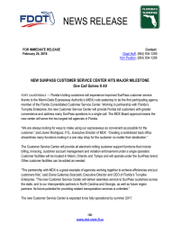 NEWS RELEASE  NEW SUNPASS CUSTOMER SERVICE CENTER HITS MAJOR MILESTONE